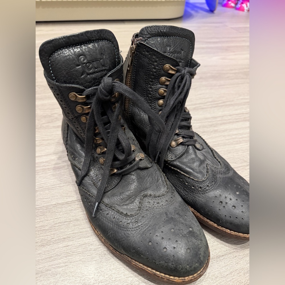 Black Leather Brogue Lace-Up Boots